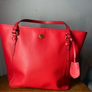 COACH Peyton Leather Zip Tote Bag Red/Coral F27349 authenticated